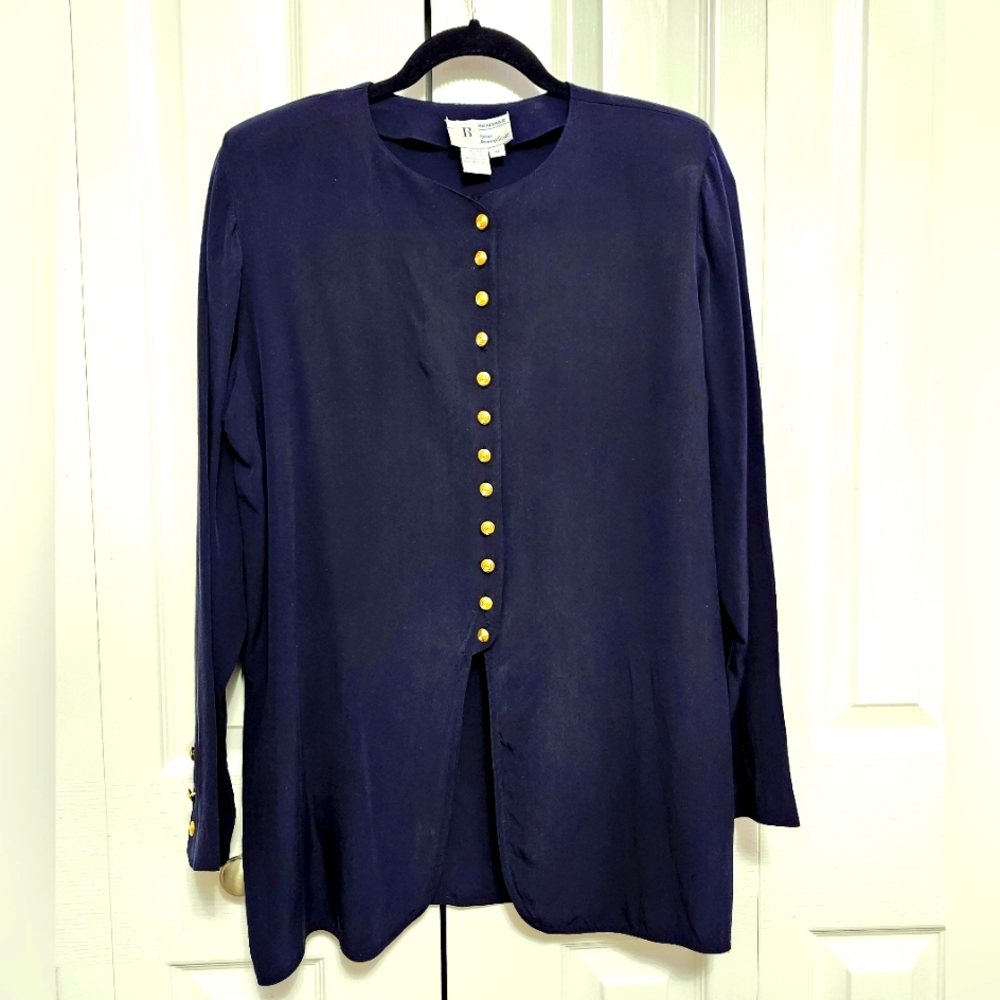 Vintage 100% Silk Top, Navy Blue Gold Buttons Blouse women's Size 10